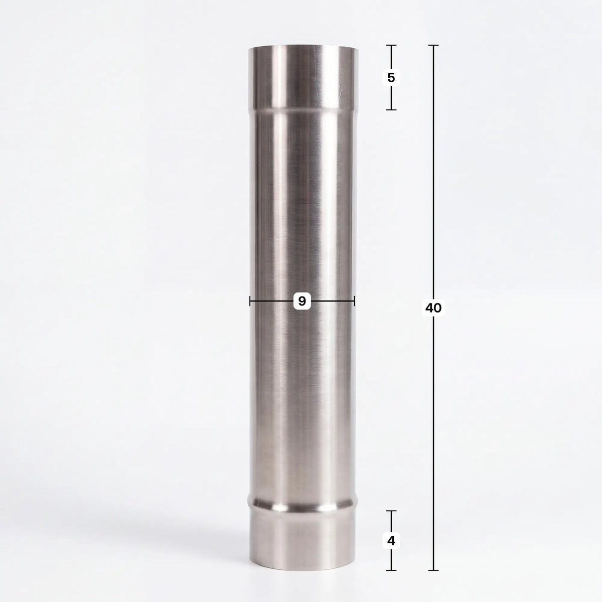 Ofenrohr Standard Ersatzteil mit Maßen: Länge 40 cm, Muffe 5 cm, Steckstück 4 cm