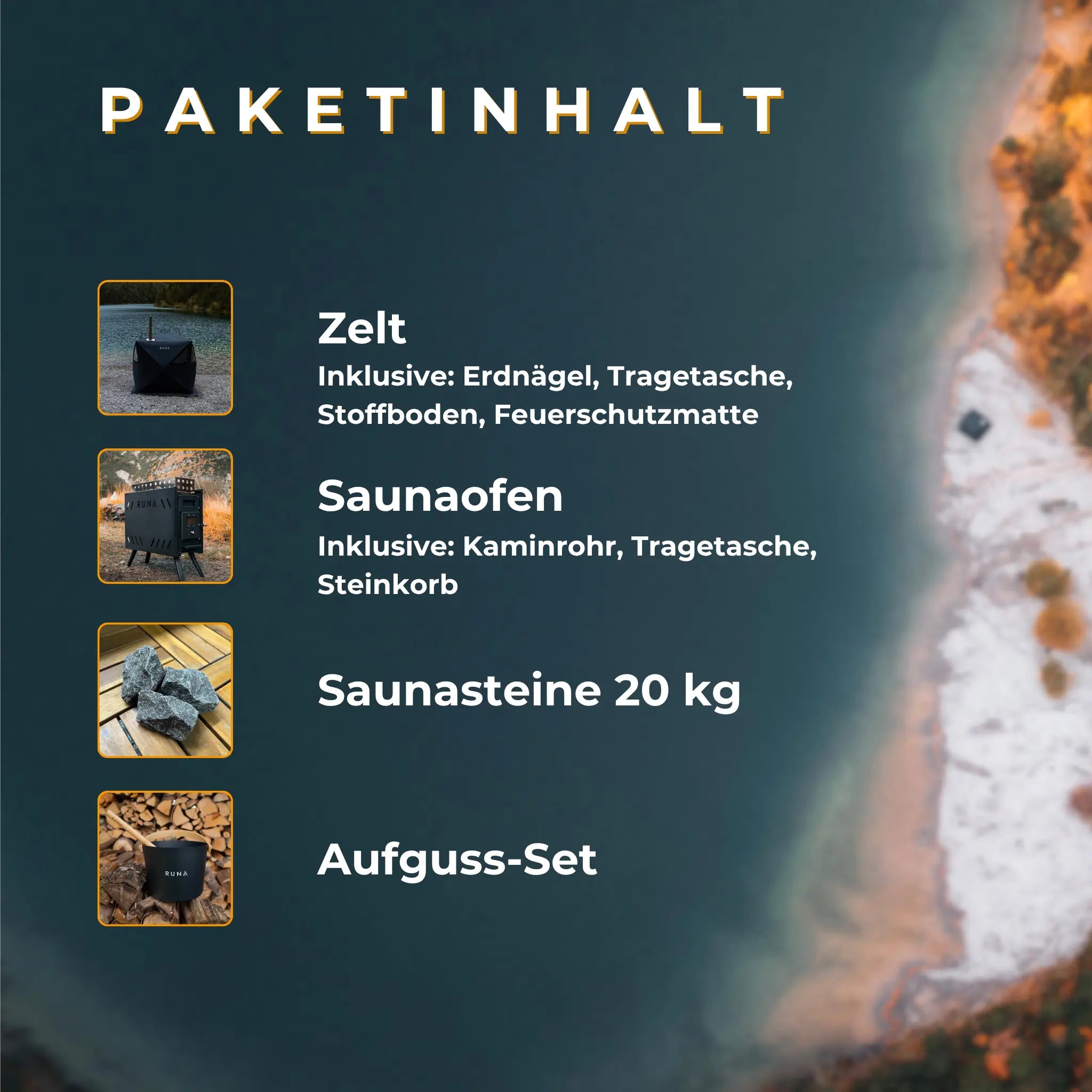 Zeltsauna Paketinhalt RUNA Set