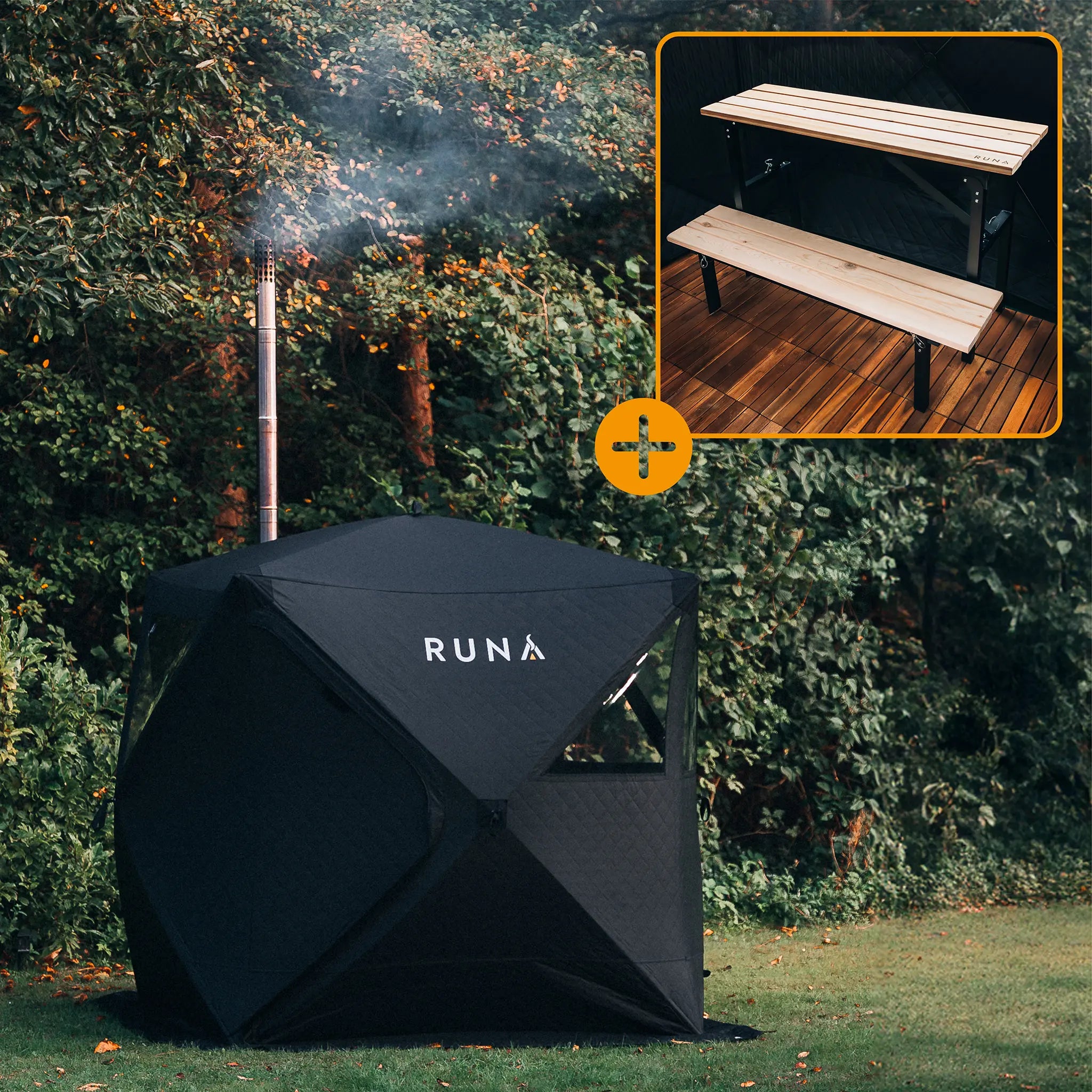 Runa Zeltsauna Cube mit Saunabank und Eisfass